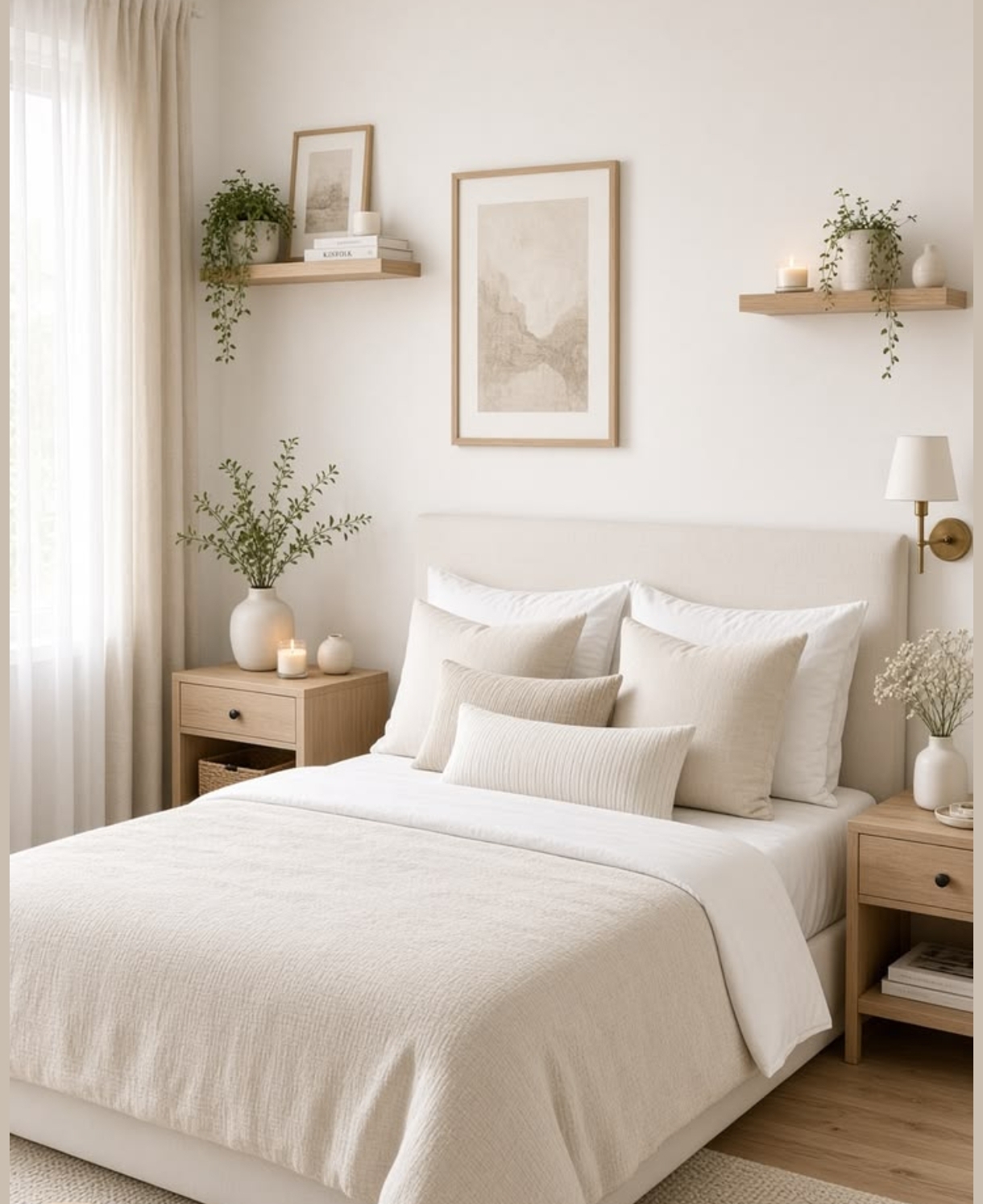 Quarto claro com roupa de cama off-white, prateleiras de madeira e vasos de cerâmica