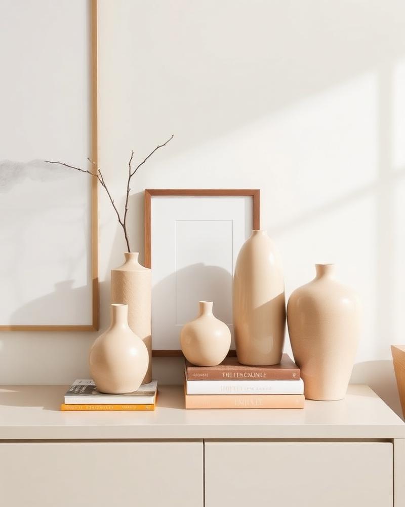 Aparador com vasos de cerâmica bege e quadro em tons neutros